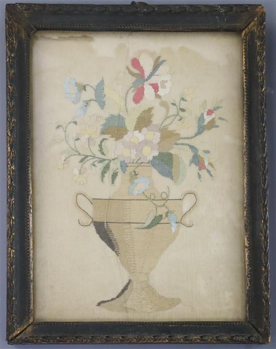 A pair of Regency silkwork panels depicting flowers in an urn and a strawberry plant, 11.5 x 13.25in.